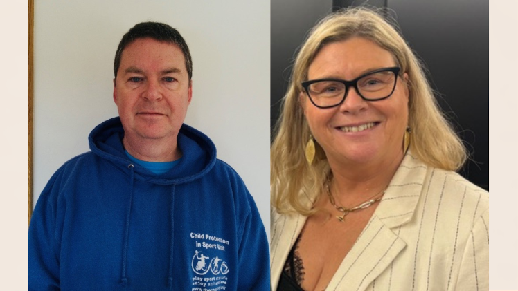 Two images (one of a smiling man wearing a blue hoodie - the other a smiling woman wearing a blazer and glasses)